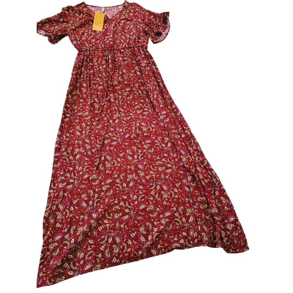 NWT Grecerelle Red Paisley Floral Maxi Dress V-Neck Short Sleeve Elastic Waist M - Picture 2 of 13